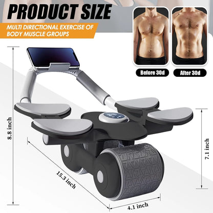 Ab Roller Wheel with Knee Mat &Timer, 2024 New with Timer Ab Abdominal Exercise Roller Elbow Support, Abs Roller Wheel Core Exercise Equipment, Automatic Rebound Abdominal Wheel